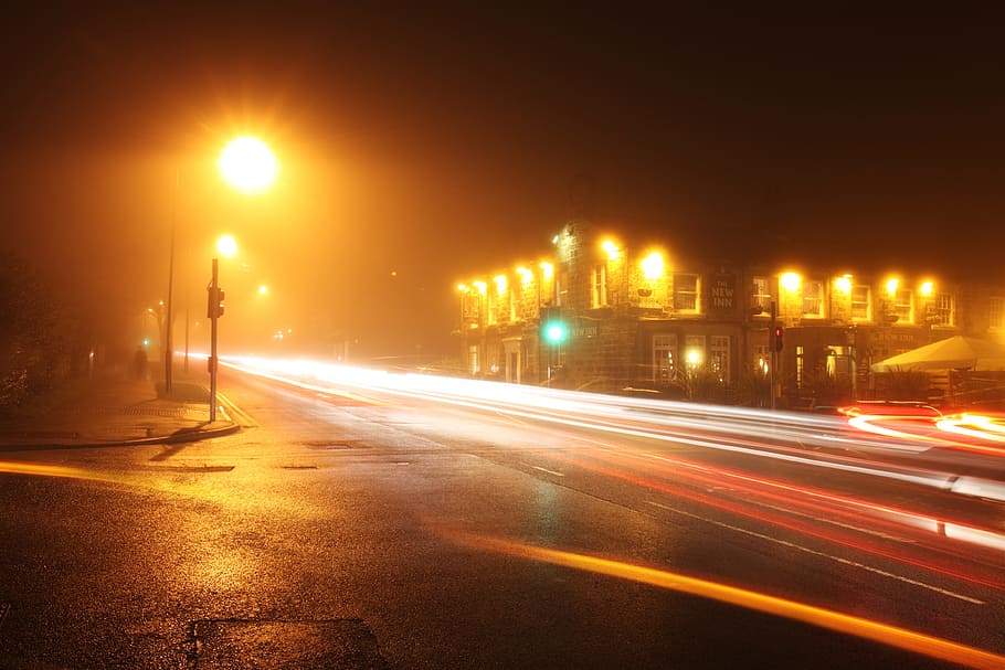 time lapse photography, passing, cars, road, nighttime, Building, Car, City, Crossing, Crossroad