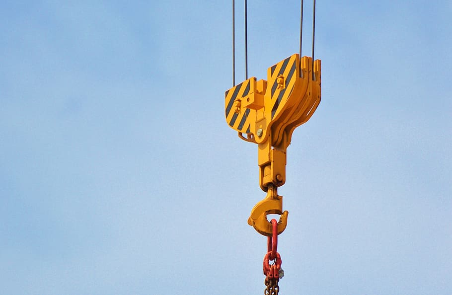 yellow, industrial, hook, daytime, Crane, Load, Arm, baukran, load crane, crane arm