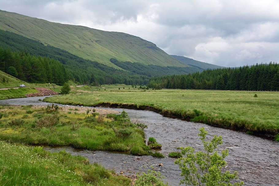 scotland, nature, mountains, brook, landscape, water, plant, cloud - sky, environment, green color