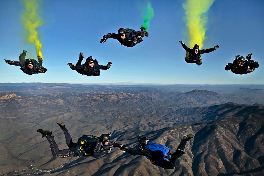 seven, persons sky, diving, parachutes, clear, blue, california, parachutists, skydivers, flares