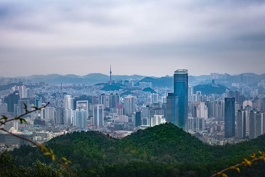 cidade, linha do horizonte, paisagem urbana, vista panorâmica, construção, guizhou, guiyang, parque qiangling shan, grande luo ling, cenário