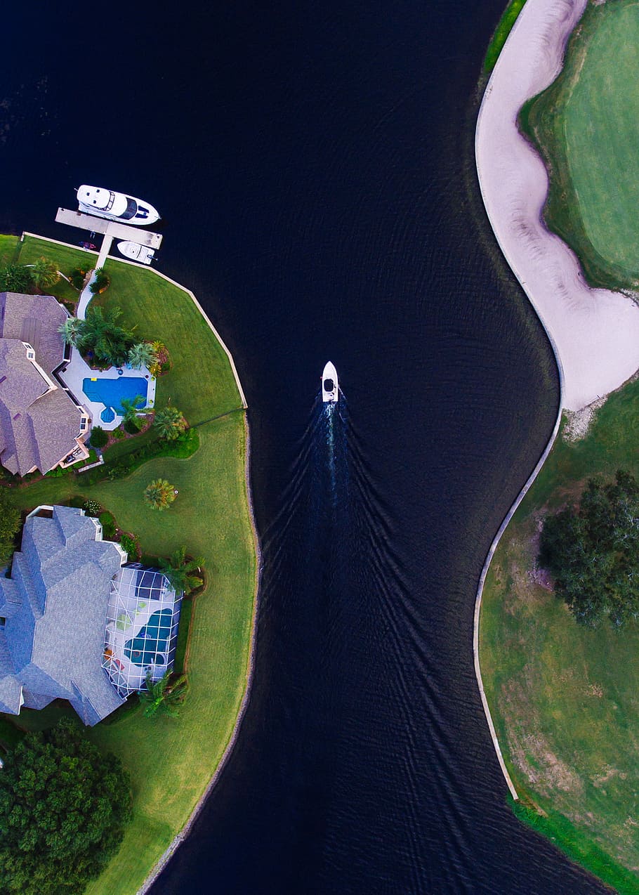 perahu, Rumah, Kanal, Florida, foto, domain publik, saluran air, aerial View, High Angle View, mid-Air
