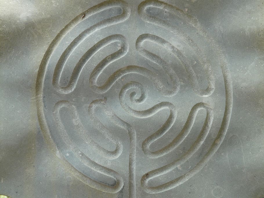 close-up photo, gray, concrete, engraved, surface, maze, labyrinth, symbol, get lost, away