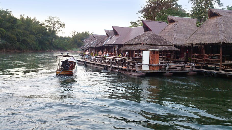 Tailandia, río, Asia sudoriental, agua, embarcación náutica, arquitectura, transporte, árbol, día, naturaleza