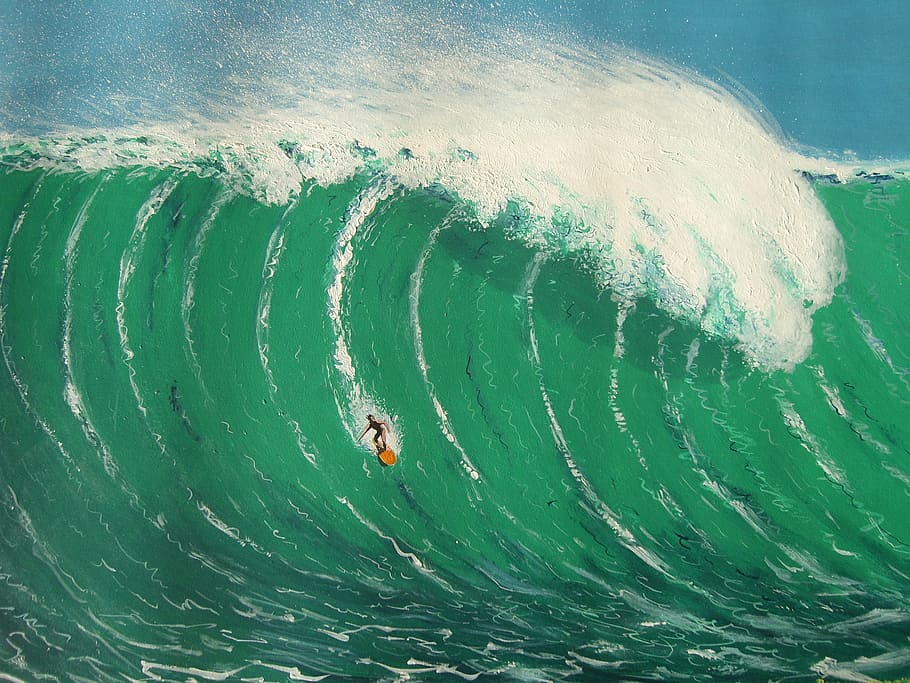 man, huge, wave, painting, art, acrylic, water, hawaii, surf, surfers