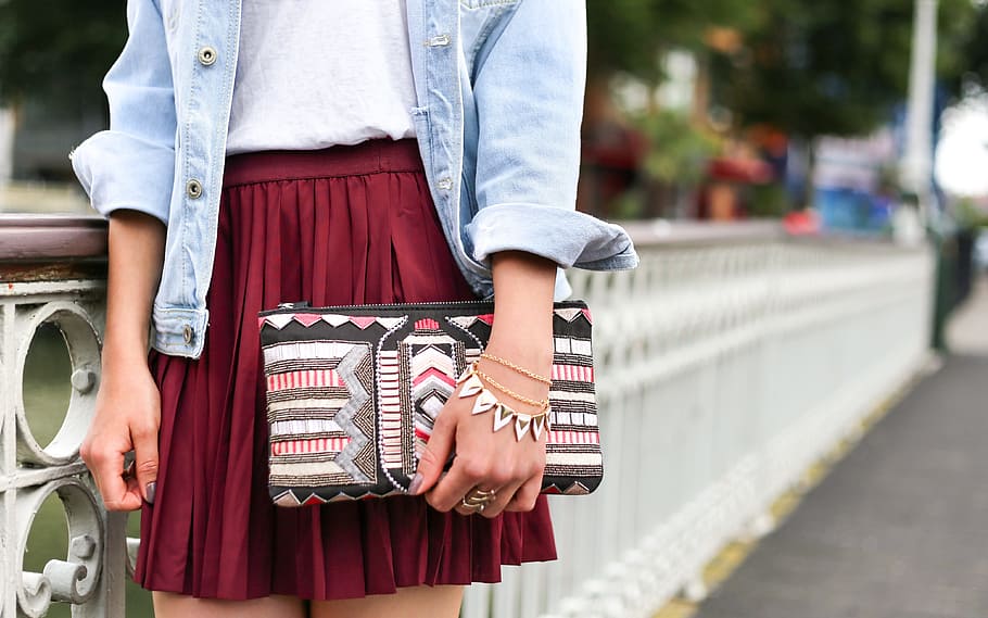 woman, wearing, red, skirt, people, fashion, clothes, denim, casual, pouch