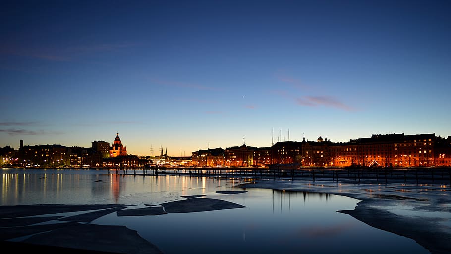 fjord during daytime, helsinki, finnish, winter, sea, city, ice, evening, church, reflection