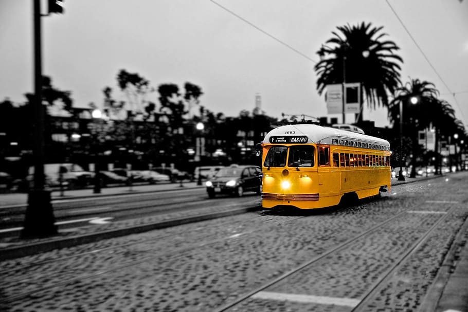 黄色, 白, バス, 通過, 道路, トラム, トロリー, 電車, サンフランシスコ, トロリー電車