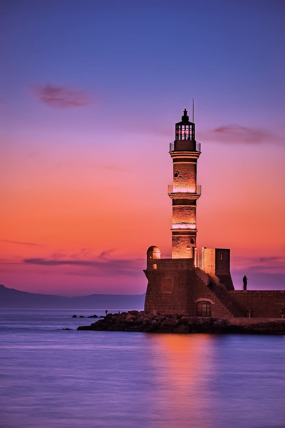person, standing, lighthouse, greece, jetty, quay, sea, ocean, reflection, sunrise