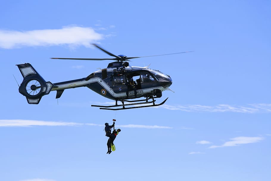 two, person, hung, helicopter, daytime, driver, national gendarmerie, rotor, relief, blades
