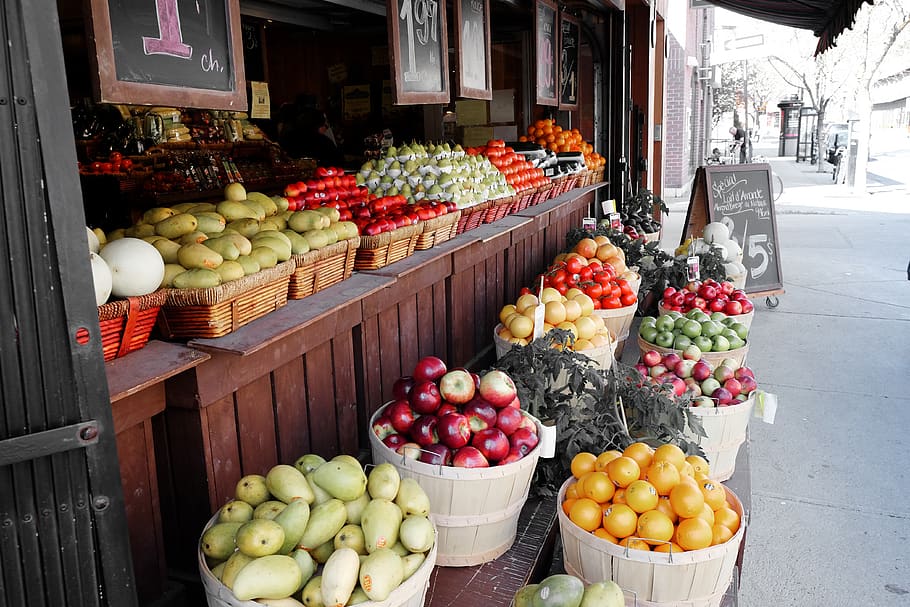 frutas, verduras, calle, mercado, peras, manzanas, naranjas, mangos, tomates, melones
