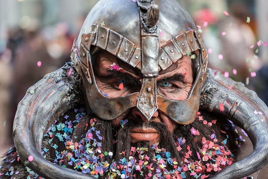 gray, steel viking helmet, carnival, mask, costume, panel, lucerne, 2015, mask - Disguise, cultures