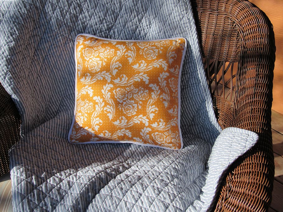 cross stitch, pillow, tangerine, embroidery, pattern, design, textile, decorative, stitch, needle