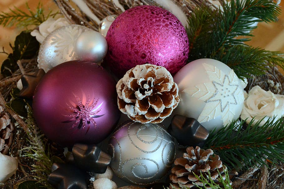 christmas bauble, decoration, pink, silver, christmas decoration, balls, greeting card, holiday, celebration, christmas
