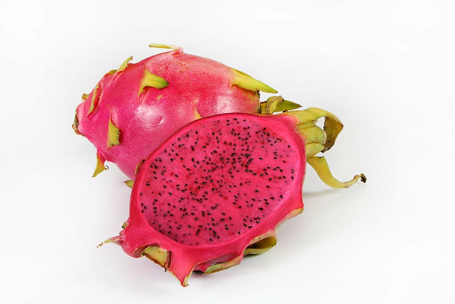 ripe, dragon fruit, sliced, half, white, surface, fruit, red, healthy eating, food and drink