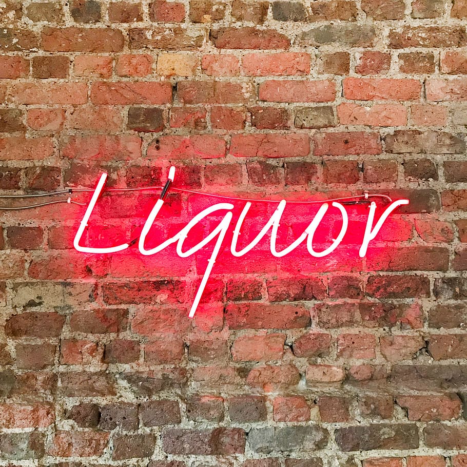 lit, red, liquor neon signage, bricks, wall, tiles, texture, design, brickwork, liquor