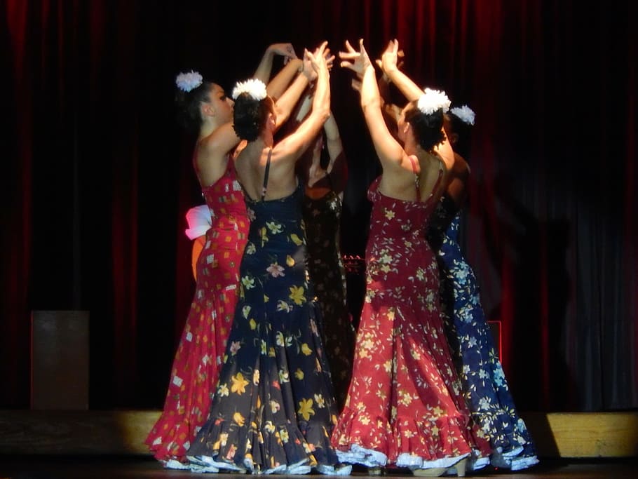 women, performing, stage, dancers, spain, flamenco, dresses, show, dance, performance