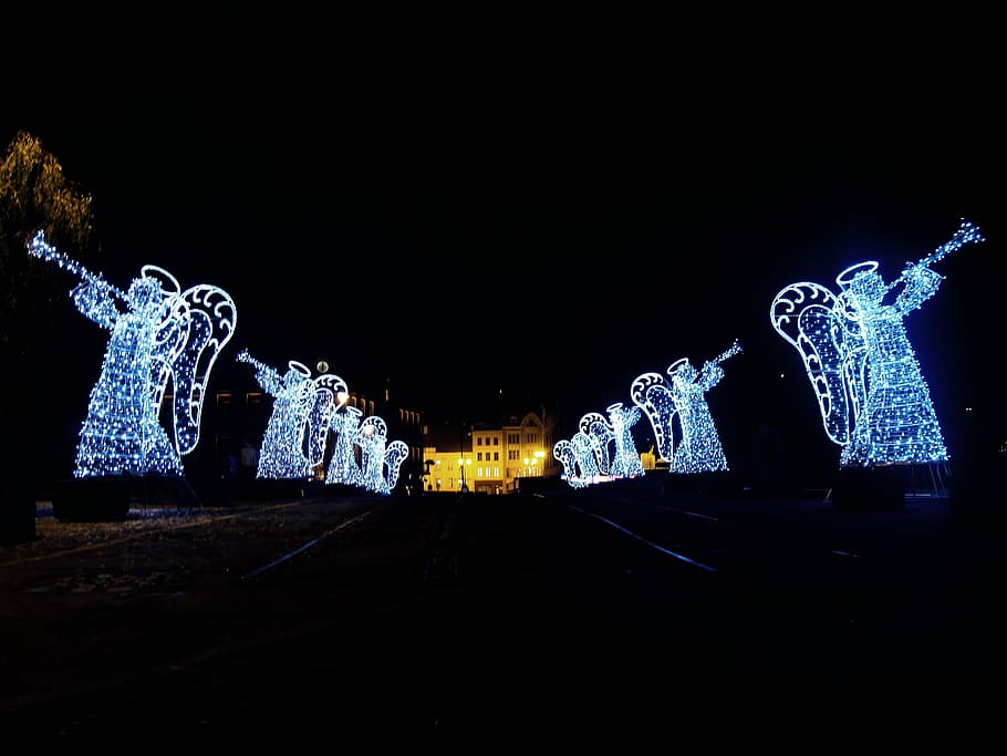 Angels, Bydgoszcz, City, Bridge, city, bridge, holidays, night, illuminated, christmas, winter