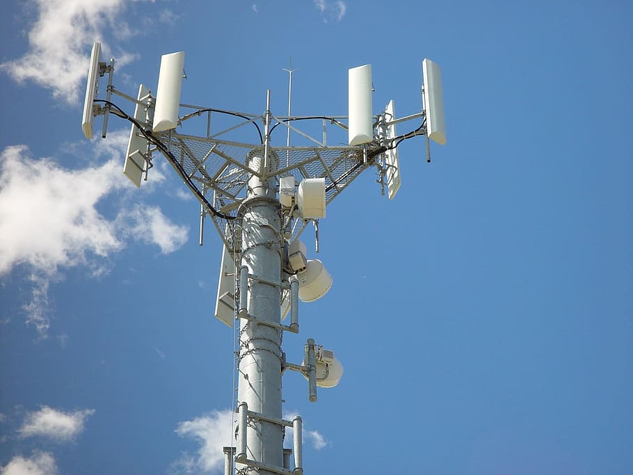 torre, antenas, telefone, móvel, dispositivos, eletrônicos, céu, vista de ângulo baixo, dia, natureza