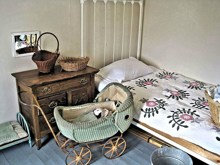 green, travel bassinet, cabinet, bed, inside, room, child's room, girl, historic, museum