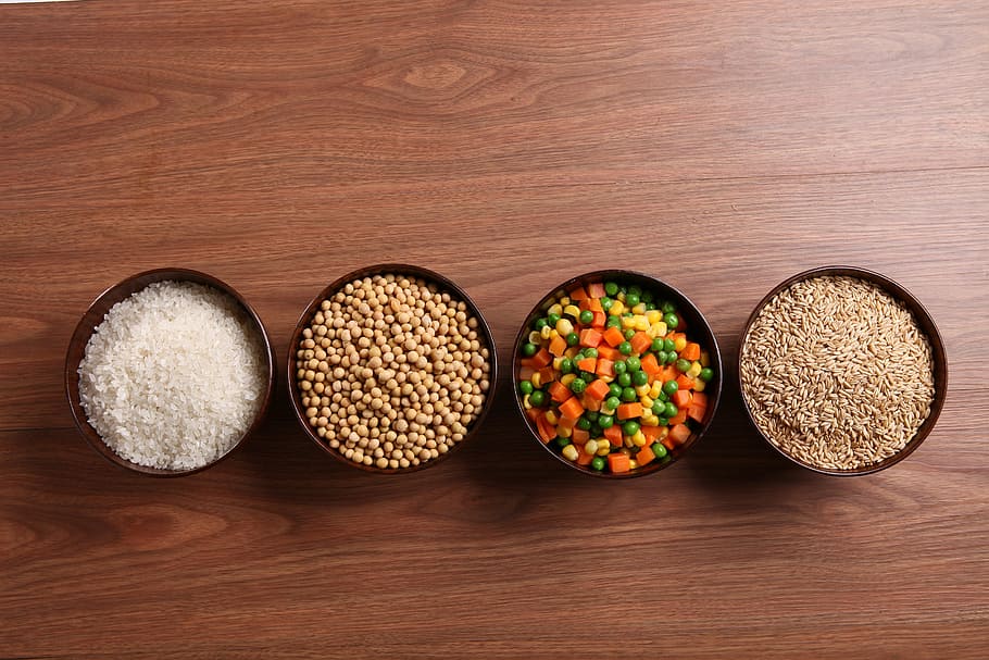 four, brown, ceramic, bowls, filled, grains, beans, whole grains, catering ingredients, meter