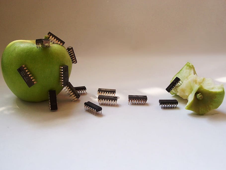 close-up photo, apple, adapter lot, integrated circuit, circuit, component, electronic, ic, background, green