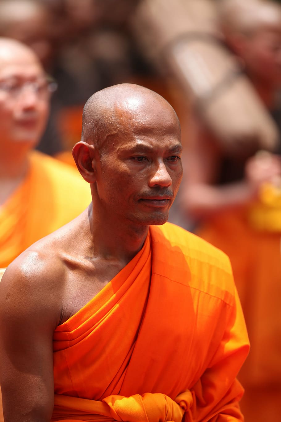 monje, budista, meditar, tradición, ceremonia, naranja, túnica, hombre, tailandia, tailandés