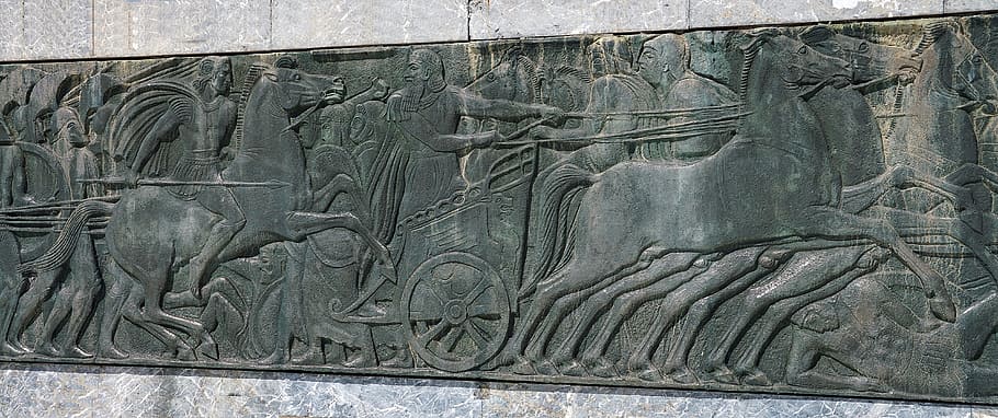 wall, plaque, sculpture, roman, warriors, chariot, horses, thessaloniki, greece, art and craft