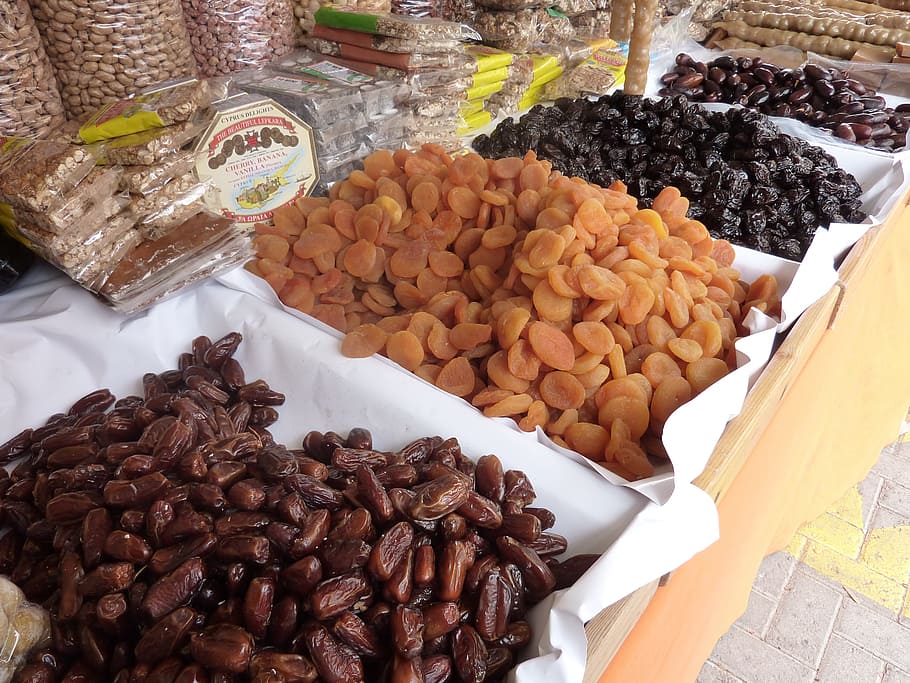 assorted, dried, fruits, sweets, wooden, boxes, dried fruit, apricots, prunes, market