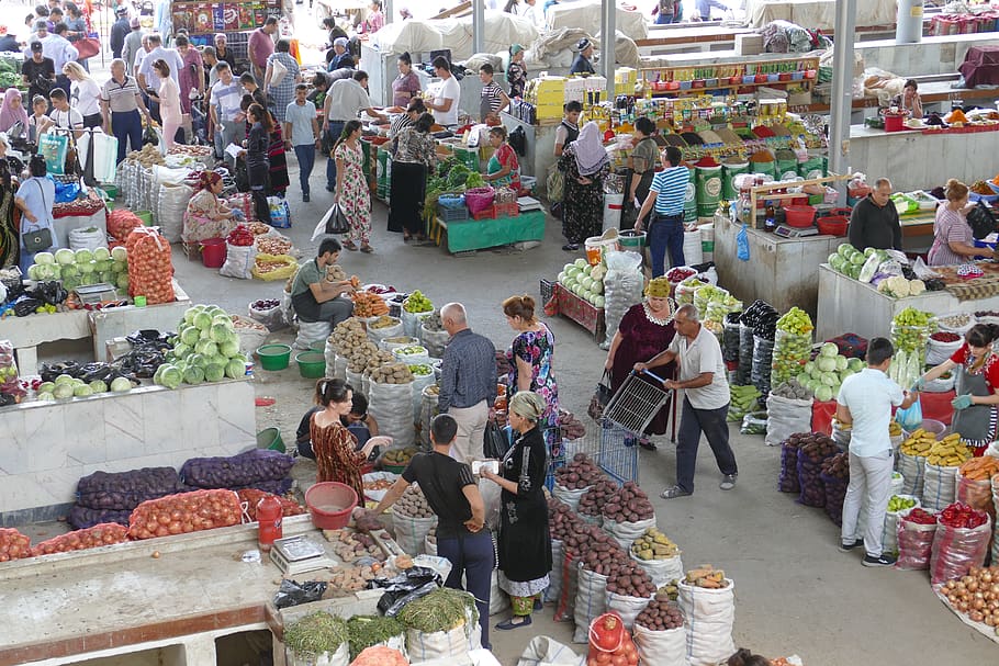 uzbekistan, samarkand, central asia, market, bazaar, shopping, buy, group of people, real people, large group of people
