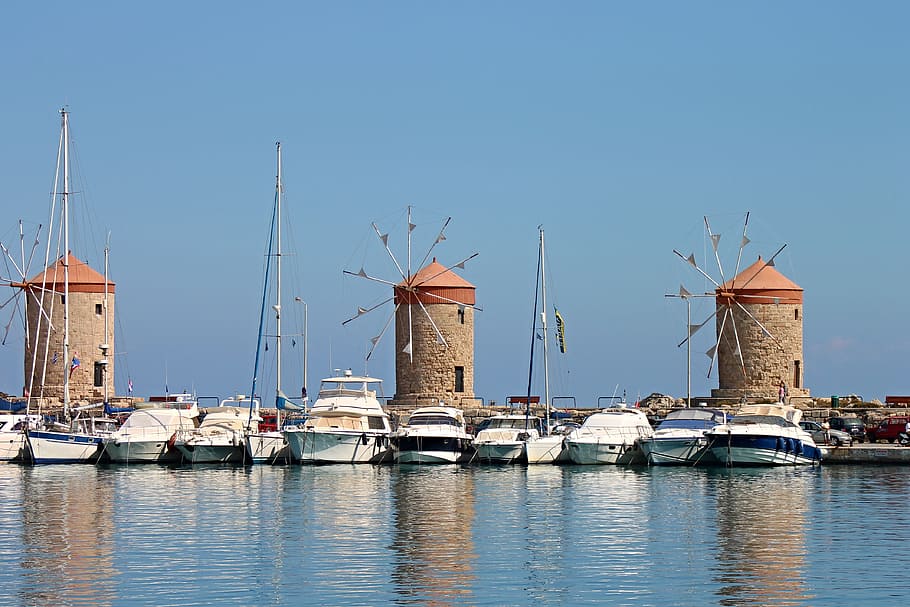 white, boats, marina, clear, blue, sky, windmills, landmark, rhodes, island