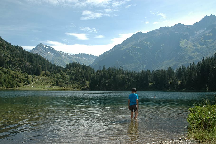 bergsee, 湖, ビーチ, 水泳, 銀行, 山の風景, 夏, スイス, 自然, 山