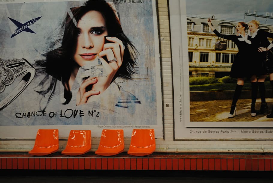 chairs, seat, orange, plastic, poster, wall, wait, break, sit, one person