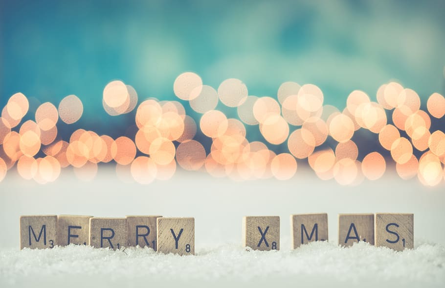 selective, focus photo, merry, x mas freestanding letters, christmas, background, wallpaper, snow, color, blue