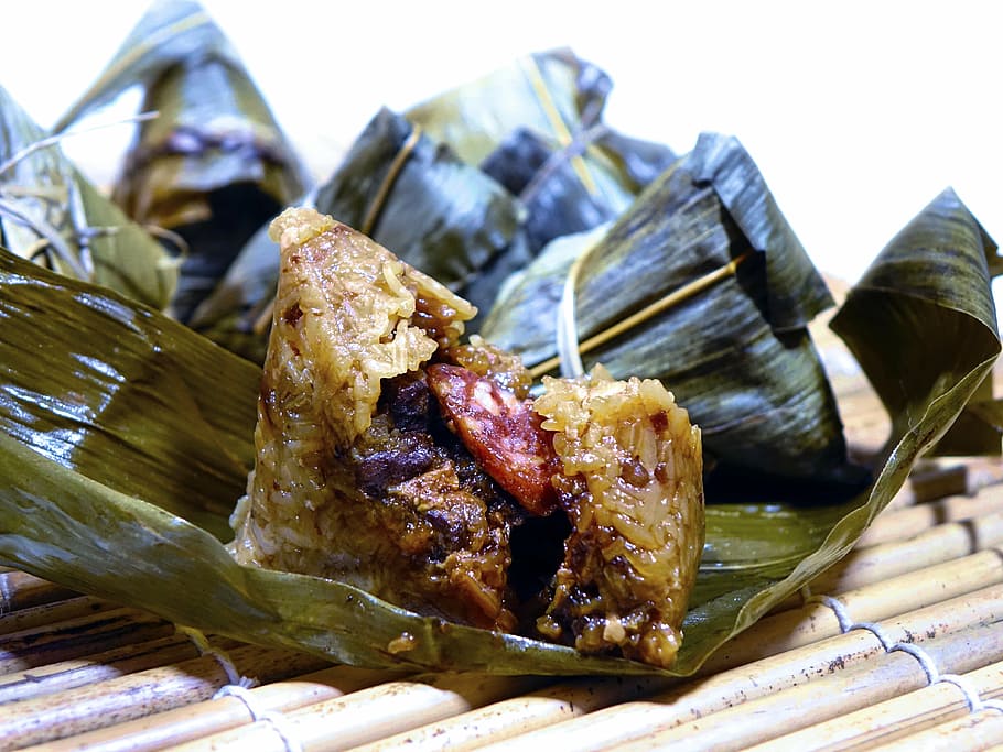 cooked, food, brown, leaf, rice dumpling, 粽子, glutinous rice, tradition, chinese, meat