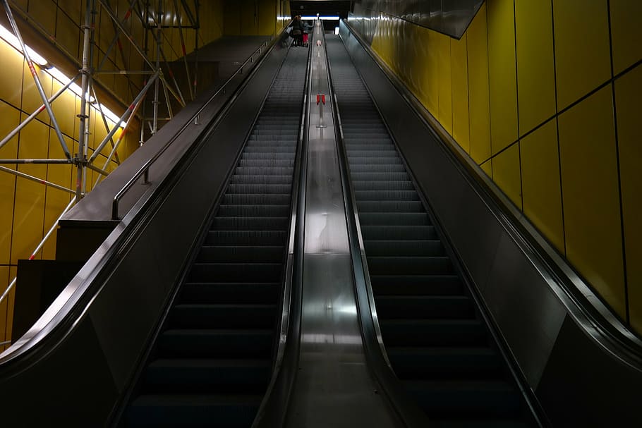 escalator, long, stairs, metro, roller platform, handrails, treadmill, moving sidewalk, means of rail transport, rolling pavement