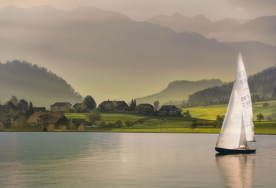 landscape, mountains, lake, sailing boat, nature, village, idyllic, hill, water, mountain