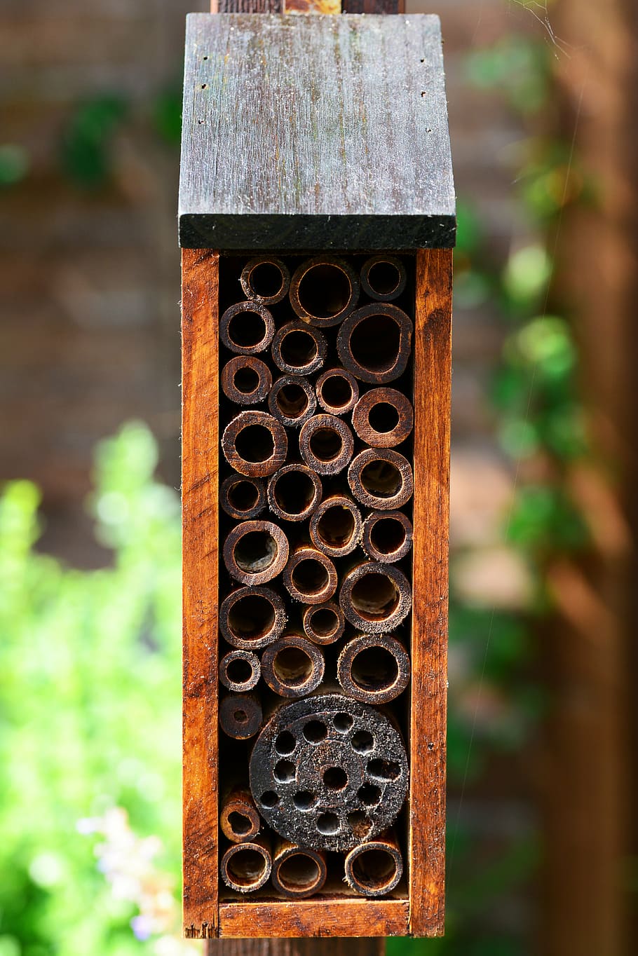 rectangular, brown, gray, wooden, decor, insect house, bee hotel, solitary bees, mason and leaf-cutter bee house, wild
