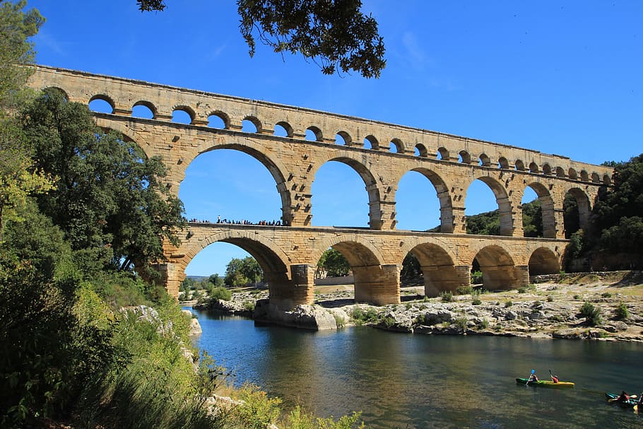 brown, bridge, hills low-angle photo, pont du gard, provence, france, aqueduct, architecture, roman, arch