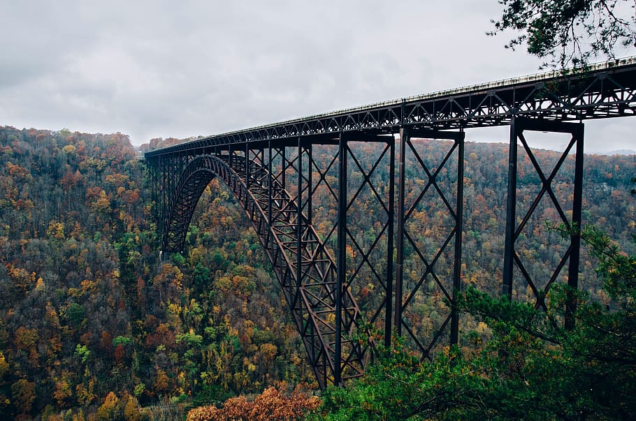 ponte, arquitetura, trilhos de trem, ferrovia, árvores, outono, paisagem, natureza, montanhas, colinas