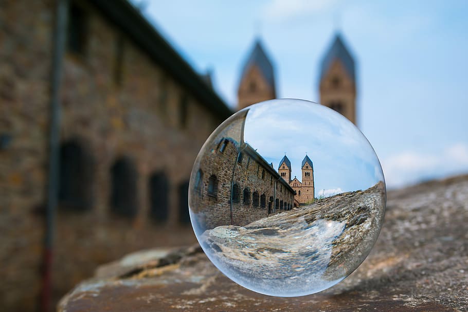 crystal ball photography, brown, building, glass ball, monastery, ball, church, abbey, st hildegard, globe image