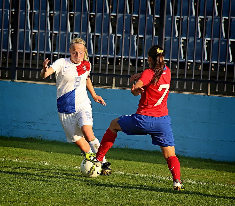 two, woman, playing, blue, wall, Sport, Sports, Football, Ball, Soccer, football