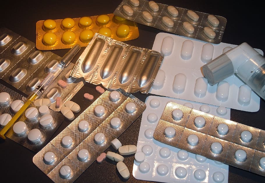 pacotes de remédios variados, médico, drogas, comprimidos, injetar, encapsular, spray, doença, dor, comprimido