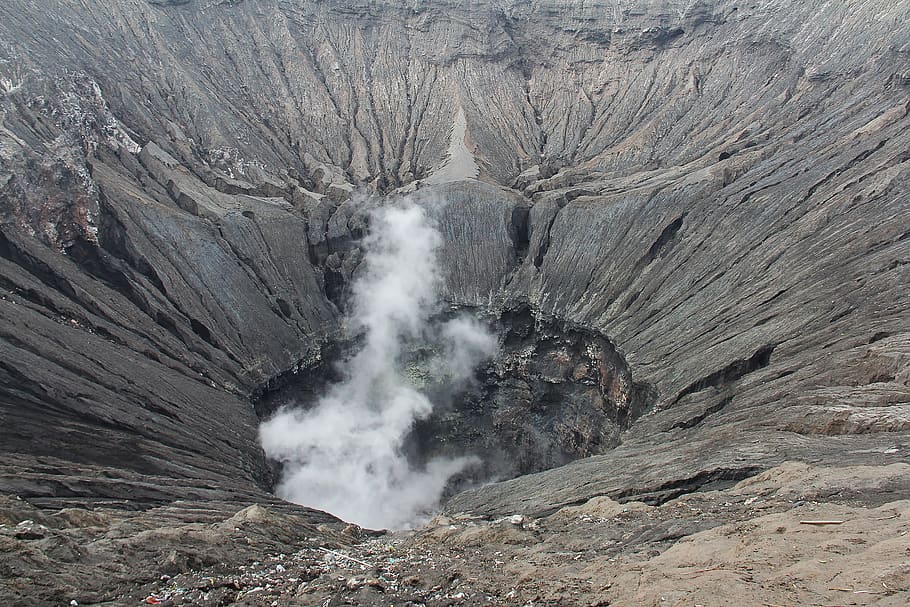 smoking crater, crater, active volcano, volcano, smoke, nature, outdoors, landscape, rock, water