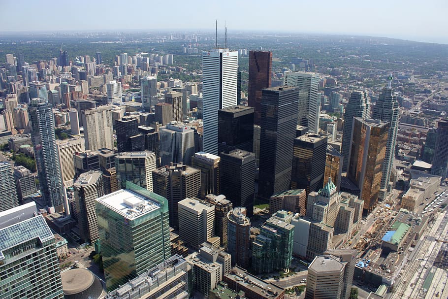 aerial, new, york city, toronto, canada, skyline, architecture, view from the cn tower, building exterior, cityscape