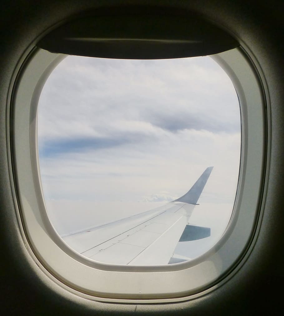 branco, avião, nuvens, nimbus, janela, assento da janela, aeronave, vista, voar, viagem