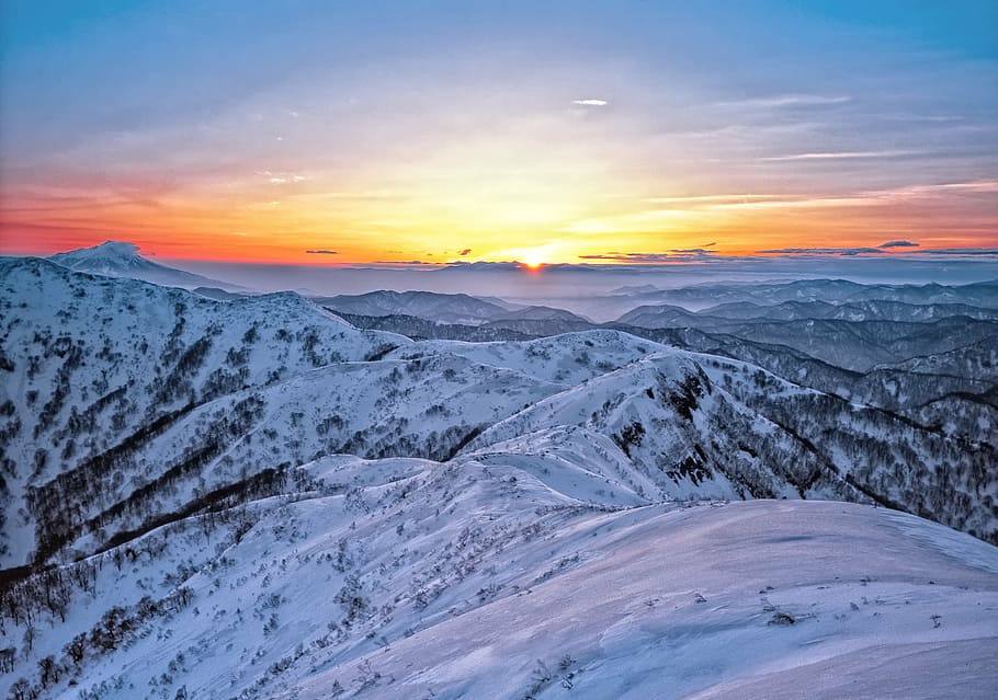 aerial, photography, snow-capped mountain, sunset, mountains, snow, sunrise, shirakami-sanchi, world heritage region, japan