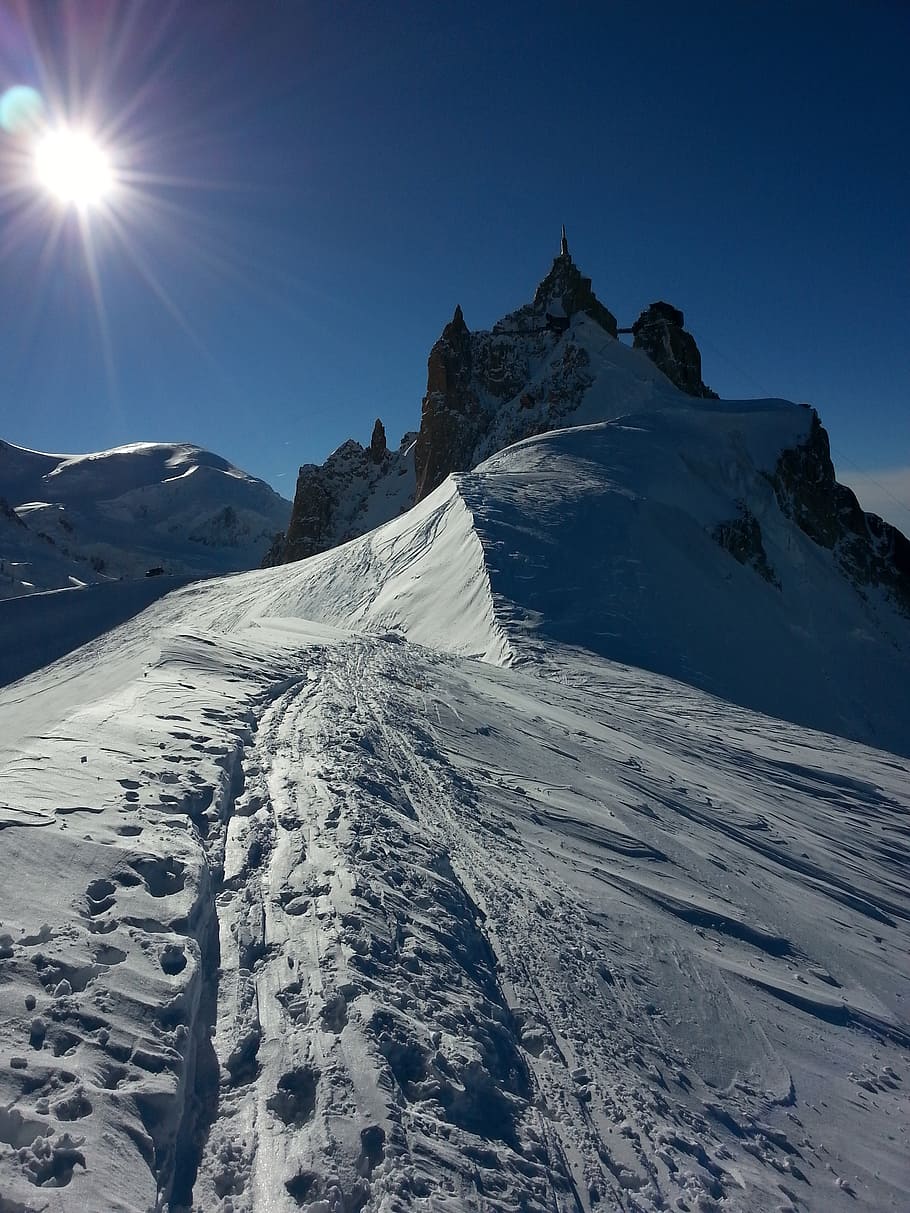 aiguille du midi, chamonix-mont-blanc, salju, pendakian gunung, pegunungan Alpen, lanskap, gunung, bersalju, jejak, suhu dingin