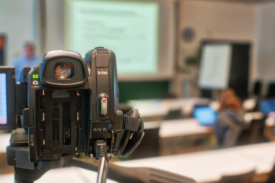 technology, video, lecture hall, video recording, focus on foreground, indoors, close-up, table, day, metal