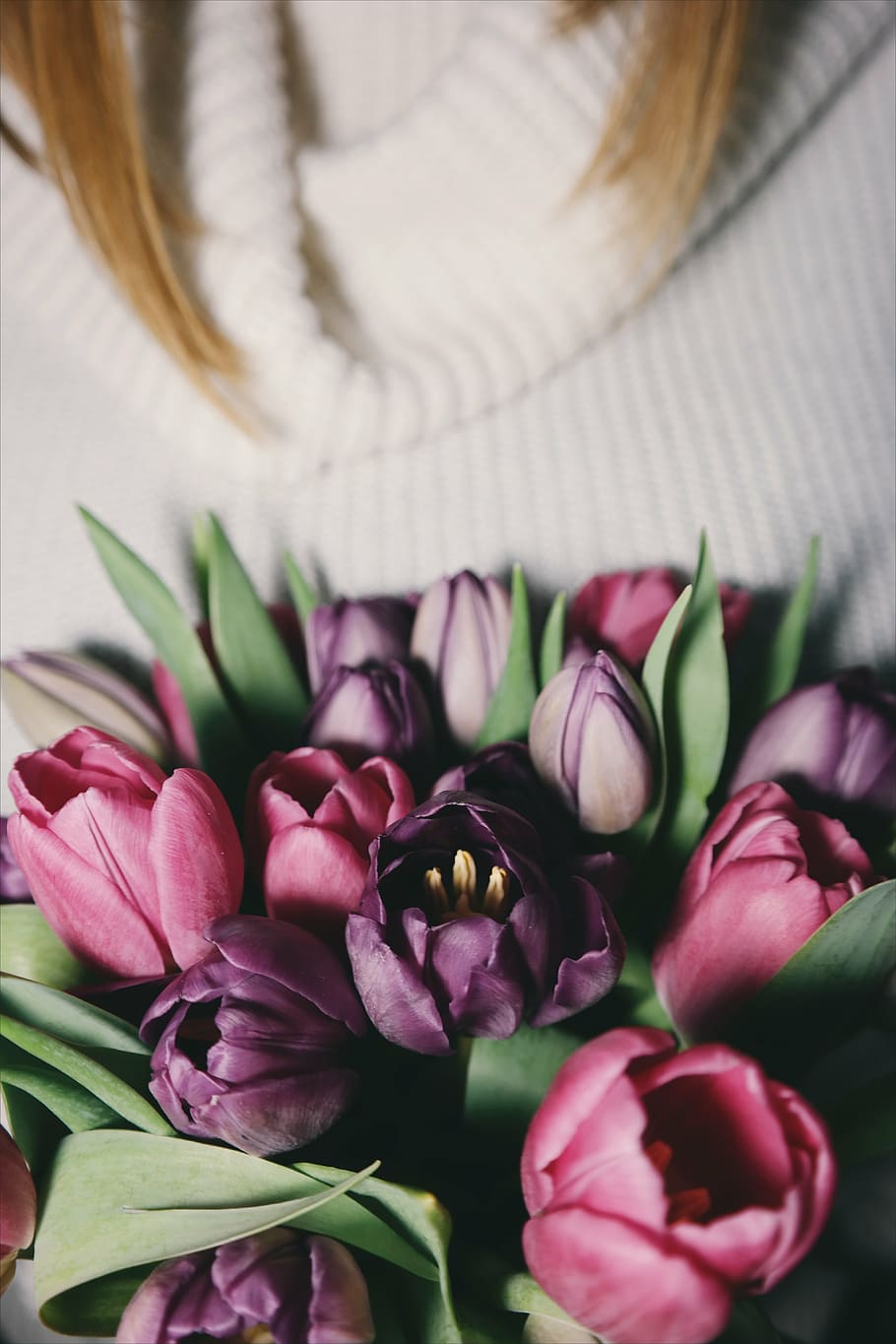 mujer, tenencia, rosado, púrpura, ramo de tulipanes, flor, violeta, pétalo, florecer, jardín